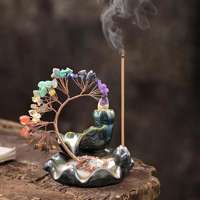 MrMrKura Backflow Incense Burner, Ceramic Incense Waterfall Burner with 7 Chakras Healing Crystals Tree Fountain Incense Holders for Yoga Meditation Home Decor - Bloomnest