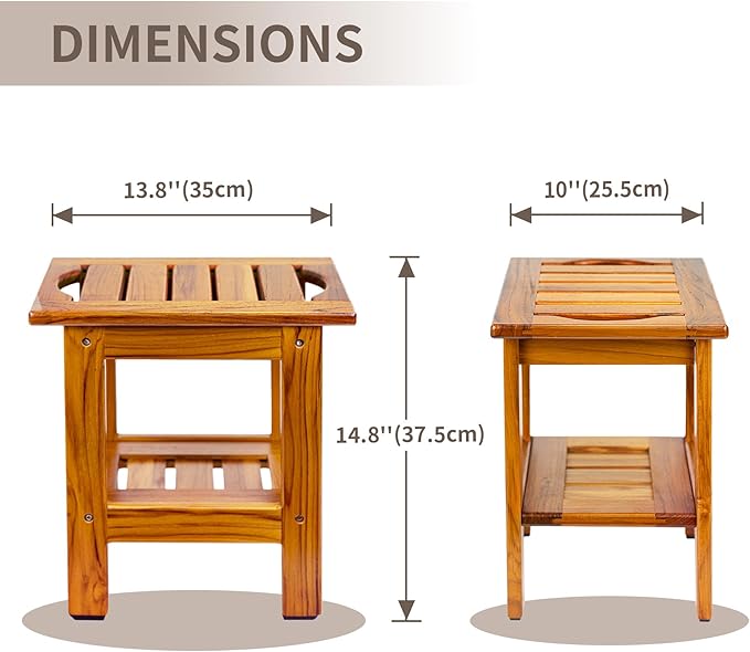 Utoplike Teak Shower Stool, Compact Shower Bench with Shelf & Handle, Foot Rest for Shaving Legs, 2-Tier Small Wooden Bath Seat with Non-Slip Feet for Bathroom, Bathtub, or Outdoor Use - Bloomnest