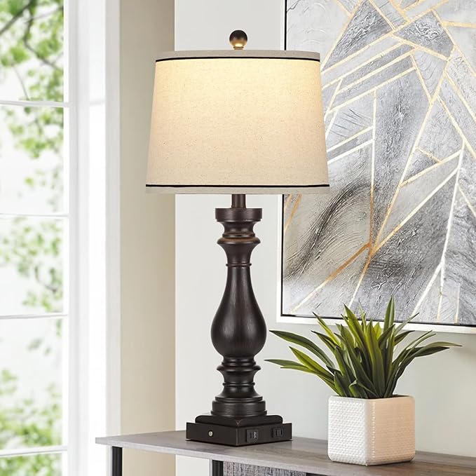 27.5" Farmhouse Table Lamp for Living Room,Vintage Bedside Nightstand Lamp with USB C+A Ports & AC Outlet,3-Way Dimmable Touch Control Retro Black Desk Lamp for Bedroom,Single Black - Bloomnest