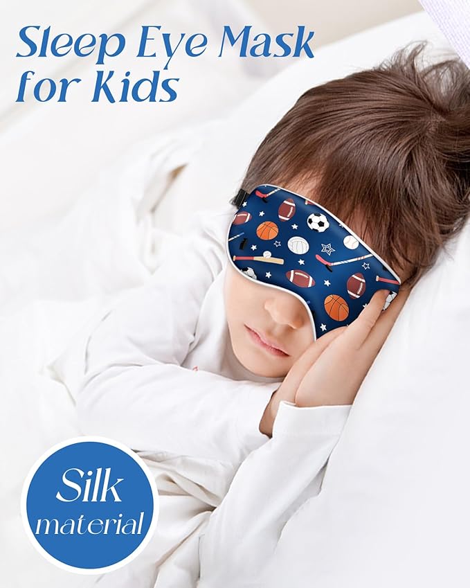 Sleep Mask for Kids - Silk Eye Mask for Sleeping Cute Cartoon Kids Sleep Mask for Boys Girls Teens Soft Smooth Adjustable Straps Silk Kids Eye Cover, Blue Ballgame - Bloomnest