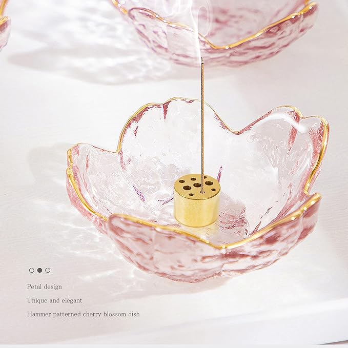2 Set Incense Holder for Sticks and Backflow Incense Handmade Glass Cherry Blossom Incense Stick Holder with 9 Incenses Holes Incenses Burner Ash Catcher (2 Pcs Plum Blossom with Gilt-Edged) - Bloomnest