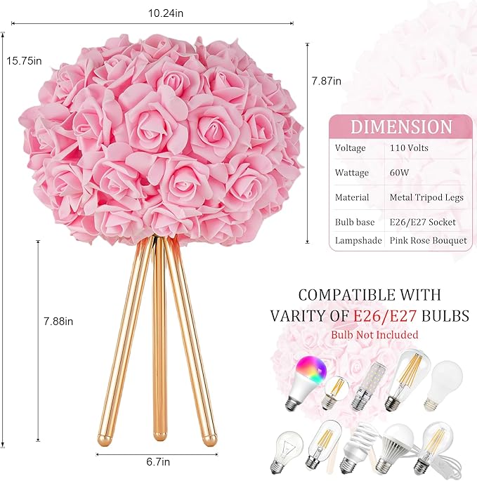 Pink Rose Flower Lamp Cute Table Lamp Flower Desk Lamp Floral Bedside Nighstand Light Atmosphere Girls Princess Lamp with Gold Tripod for Bedroom Wedding Christmas Gift Hotel Living Room - Bloomnest