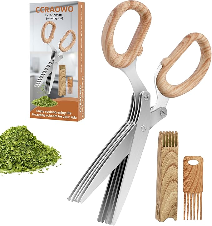 2025 New Herb Scissors Set - Wood Grain Pattern 5 Blades with Cover and Comb - Skin-Friendly Handle, Delicate Grip - Dishwasher Safe, Anti-Rust Stainless Steel for Cutting Fresh Garden Herbs - Bloomnest