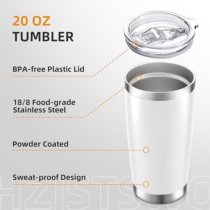 20 oz Tumbler Bulk with Lid Stainless Steel Insulated Tumblers Double Wall Vacuum Coffee Mug Powder Coated Tumbler Cups for Cold and Hot Drinks, White, 6 pack