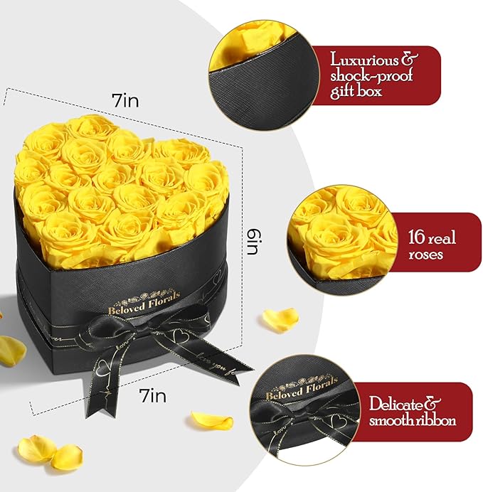 16 Preserved Flowers Rose Birthday Gifts for Women Her Mom Wife Girlfriend Grandma on Valentines Mothers Day Christmas Anniversary Romantic(Yellow) - Bloomnest