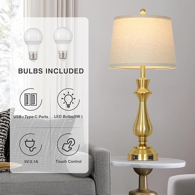 Modern Gold Table Lamps Set of 2 for Living Room,30" Tall Bedside Lamp with USB Charging Port,3-Way Dimmable Touch Nightstand Lamp for Bedroom Desk Side Table Office,Gold - Bloomnest