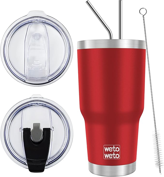 WETOWETO 30 oz Insulated Tumbler With 2 Lids and 2 Straws, Stainless Steel Double Vacuum Coffee Tumbler Cup, Powder Coated Travel Mug for Home, Office, Travel, Party (Harvest Red, 1 Pack) - Bloomnest