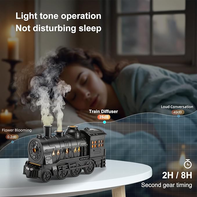 Train Diffuser 300ml, Aromatherapy Diffuser Cool Mist Ultrasonic Aroma Train Diffuser with Remote Control 2 Light 2 Mist Mode Auto Shut-Off for Bedroom Office Hotel(Black) - Bloomnest