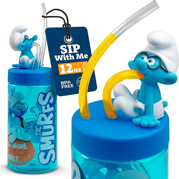 Brainy Smurf Cup, Water Bottle, Tumbler with Lid and Straw, Travel Sippy Cup for Water or Milk, Cups with Lids BPA Free Plastic, 12 oz - Bloomnest