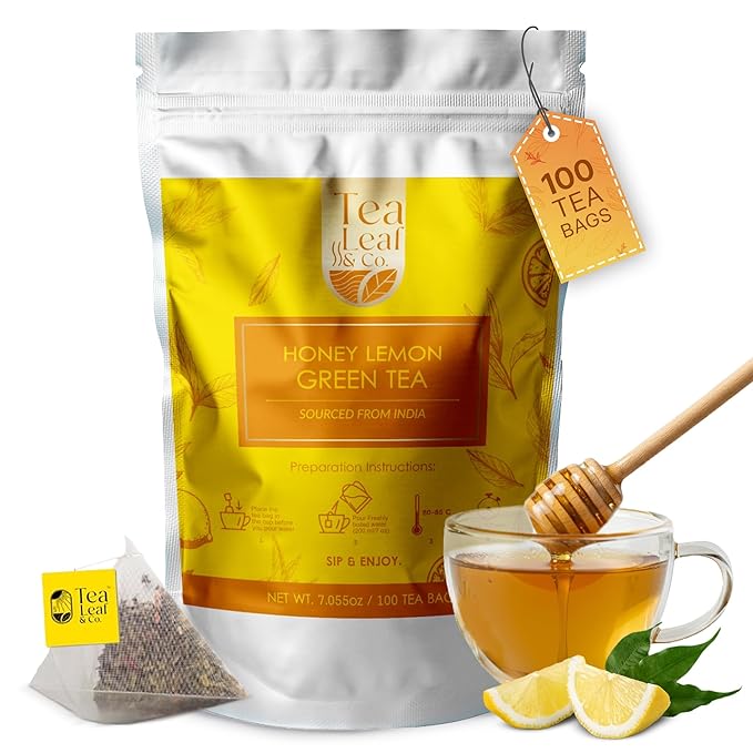 Tealeaf & Co. Honey Lemon Green Tea with Lemon & Honey Extract, Lemongrass, Licorice & Chamomile - Organic Green Tea Bags with Fresh Herbs and Spices - 100 Teabags (7.055oz/200gm) - Bloomnest
