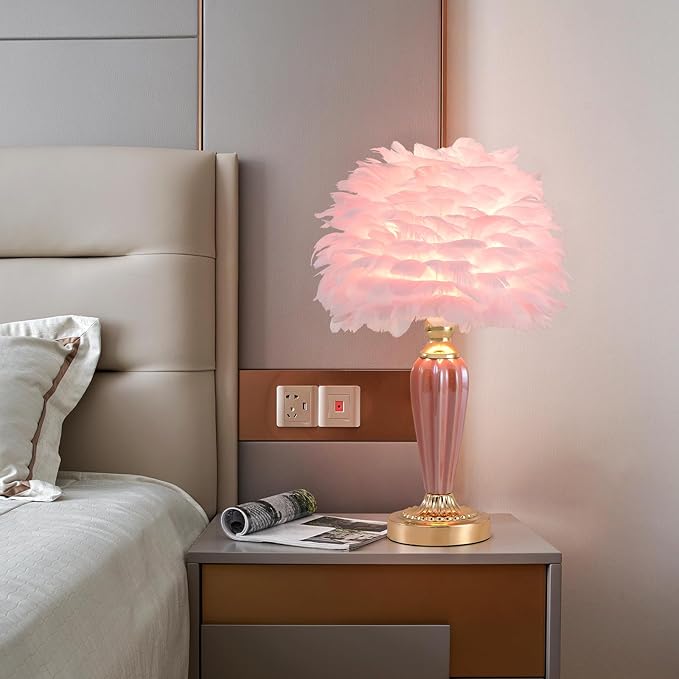 Pink Feather Lamp Creative Bedside Lamp Feather Table Lamp Cute Furry Goose Nightstand Light for Girl Bedroom Wedding Decor Living Room Hotel Office Valentines Dating Gift - Bloomnest