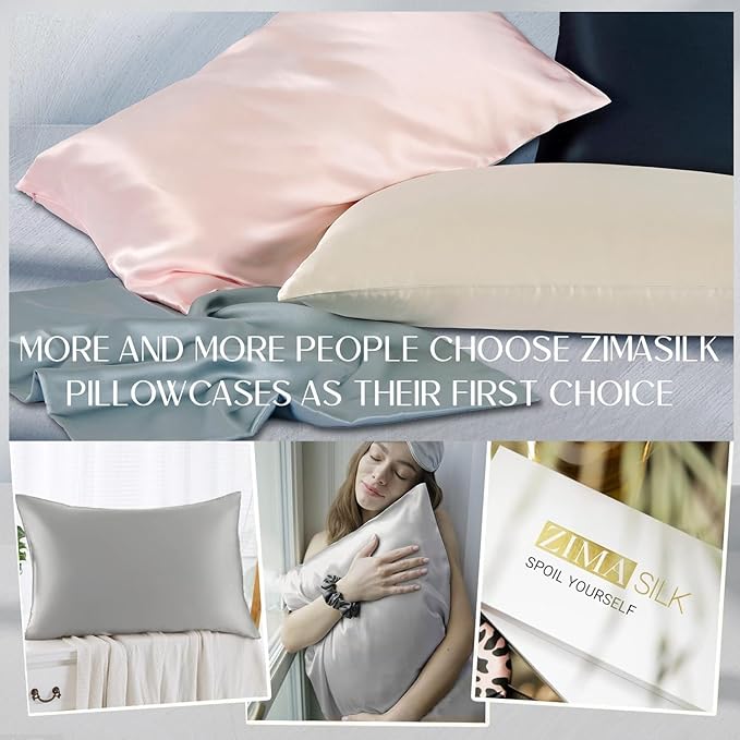ZIMASILK 100% Pure Mulberry Silk Pillowcase 2 Pack, Soft and Smooth,Both Sides Premium Grade 6A Silk,600 Thread Count,with Hidden Zipper for Men and Women Family (Standard 20"x26", Gray) - Bloomnest
