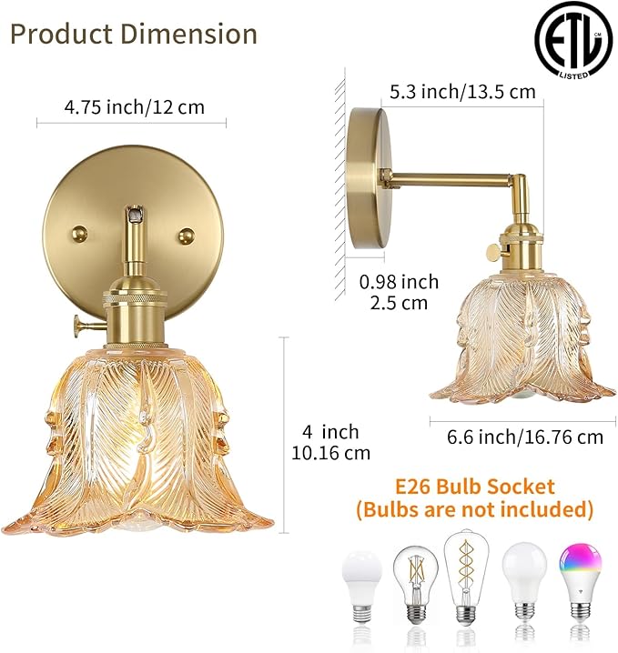 Vintage Wall Sconces Set of 2, Lily Amber Lampshade & 180 Degree Adjustable, Brass Wall Lights, for Bedroom Living Room Hallway Aisle, Bulbs Not Included, ETL Listed - Bloomnest