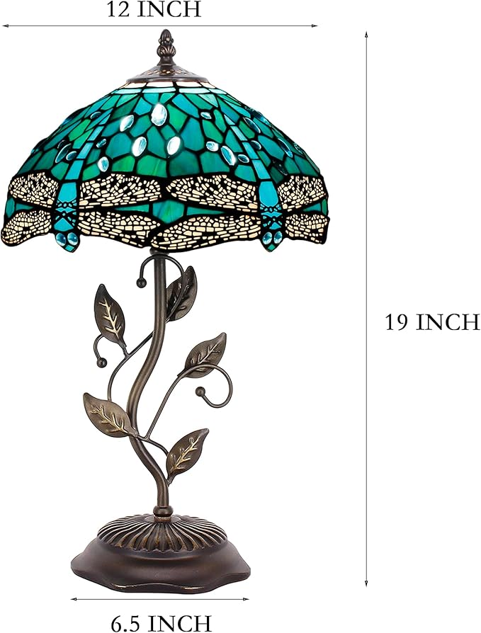 Tiffany Lamp Table Lamp Stained Glass Desk Lamps 12X12X19 Inches Reading Light Decor Bedroom Living Room (Green Blue Dragonfly Style) - Bloomnest