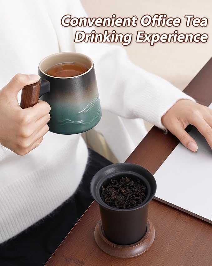 ZENS Embossed Ceramic Tea Mug with Infuser and Lid, 14.5 oz Wooden Handle, Loose Leaf Tea Steeper Cup & Strainer for Tea Lovers Gifts