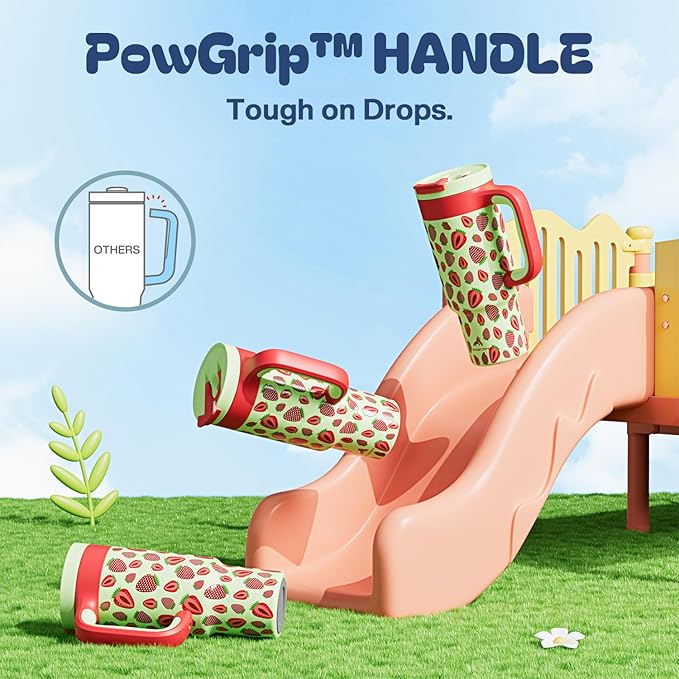 24 oz Metal Tumbler Cup for Girls: Easy Grip Handle, Leak-Proof when Sealed, Easy to Clean, Double Wall Vacuum Cup for Home, School, Daycare, Party, Picnic, Hiking, Travel, Gift (Strawberry Pop) - Bloomnest