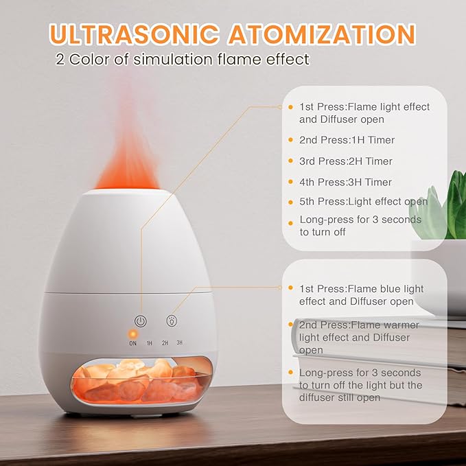 Ultrasonic Essential Oil Diffuser with Himalayan Salt Rock,Flame Diffuser with 2 Color Light,Aromatherapy Oil Diffuser with Auto Off Function for Home, Office,Spa,100ML - Bloomnest