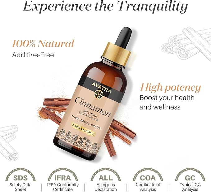Avatra Cinnamon Essential Oil 100ML (3.38 OZ) with Glass Dropper and Travel Bottle, Pure and Natural Therapeutic Grade Cinnamon Oil for Diffuser, Aromatherapy, Massage, and DIY Candle Products - Bloomnest