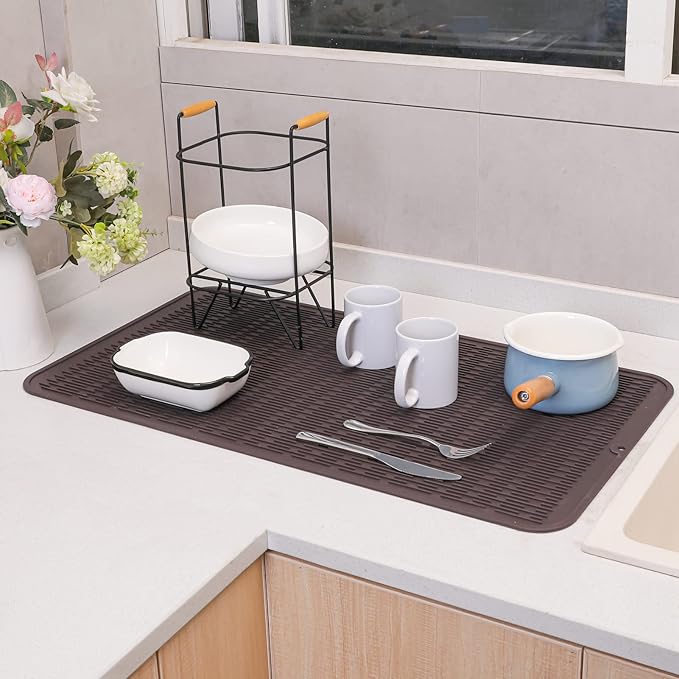 Silicone Dish Drying Mat for Multiple Usage,Easy clean,Eco-friendly,Heat-resistant Silicone Mat for Kitchen Counter or Sink,Refrigerator or Drawer Liner Coffee 4XL 32 inches x 18 inches - Bloomnest