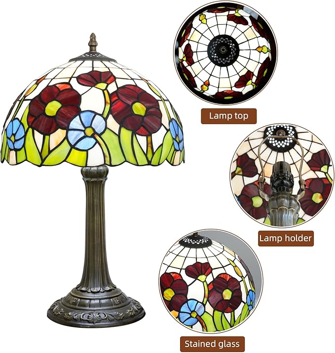 Tiffany Lamp Red Poppy Flowers Stained Glass Table Lamp Vintage Bedroom Desk Light for Home Dorm Office Art Craft Antique Decor Accent Aesthetic Nightstand Reading Light - Bloomnest