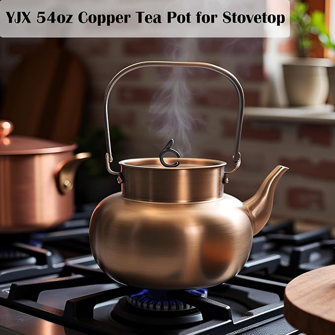 YJX Pure Copper Tea Kettle For Stovetop, Chinese Style Non-Coating Teapot with Stainless Steel Tea Ball For Loose Tea, Solid Tea Pot (1600ml) - Bloomnest
