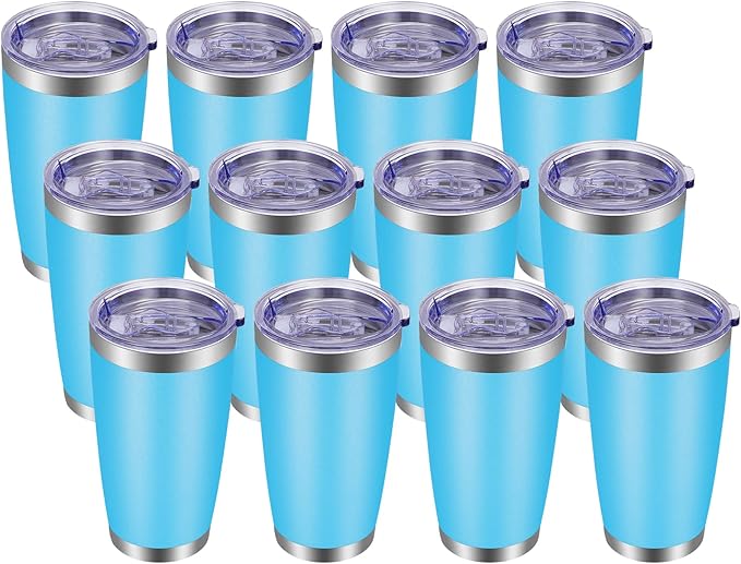 VEGOND 20oz Tumbler with Lid and Straw Stainless Steel Tumbler Cup Bulk Vacuum Insulated Double Wall Travel Coffee Mug Powder Coated Coffee Cup(Sky Blue 12 Pack - Bloomnest