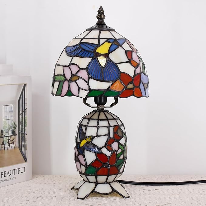 Small Tiffany Lamp Stained Glass Table Lamp Mini Mother Daughter Vase Desk Accent Light for Bedroom Bedside Reading Home Antique Style Decor 8X14 Inches (Hummingbird) - Bloomnest