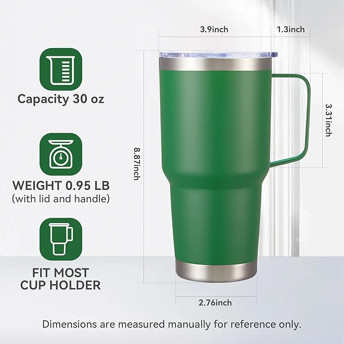 30 oz Tumbler with Handle and Lid, Stainless Steel Tumblers Double Wall Vacuum Insulated Travel Mug Leak Proof Cup Keep Drinks Cold and Hot Dark Green, 1 Pack - Bloomnest