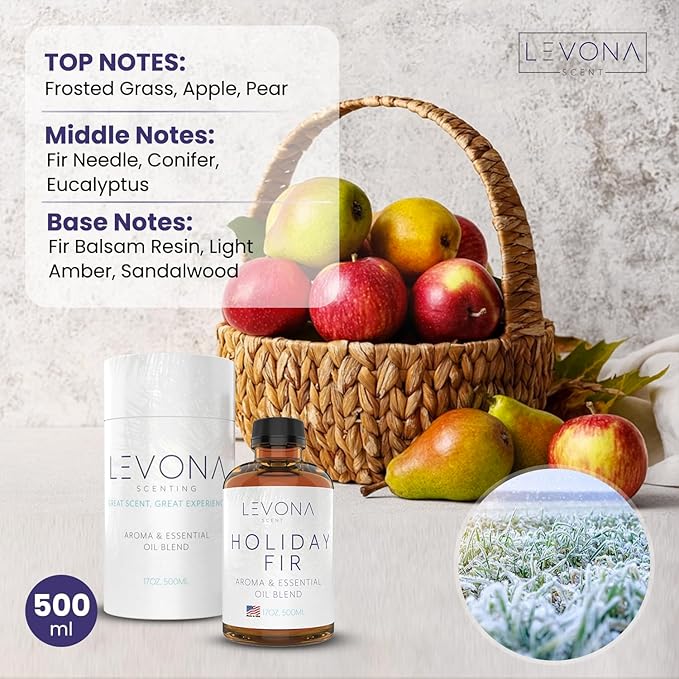 Levona Scent Essential Oil - Fresh Aroma for Home, Office, Hotel & Spa, Perfect in Humidifiers and Diffusers, Luxury Fragrance, with Sandalwood, Amber, Winter Fir Notes - 500ml/ 17 fl oz, Holiday Fir LEVONASCENT