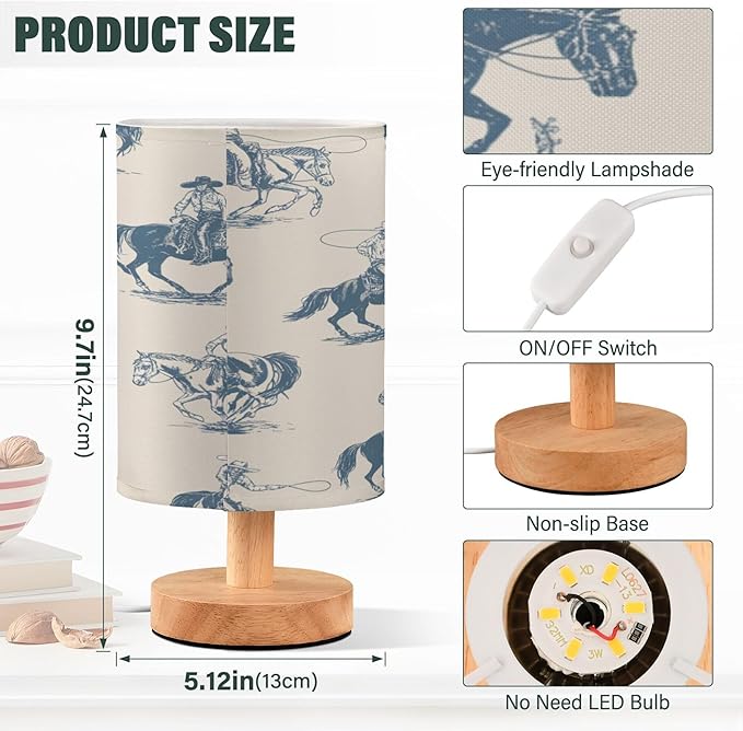 Western Cowboys Blue LED Table Lamp with USB Port Night Light Bedroom Lamps for Nightstand Living Room Dorm Home Office Desk - Bloomnest