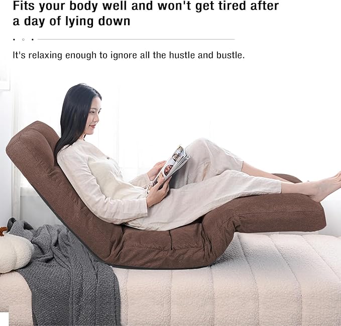 Floor Chair with Footrest Adjustable Backrest with 14 Positions Footrest 5-Position Adjustment Foldable Floor Gaming Chair for Easy Storage Linen Fabirc Chaise Lounge 086 (Brown)