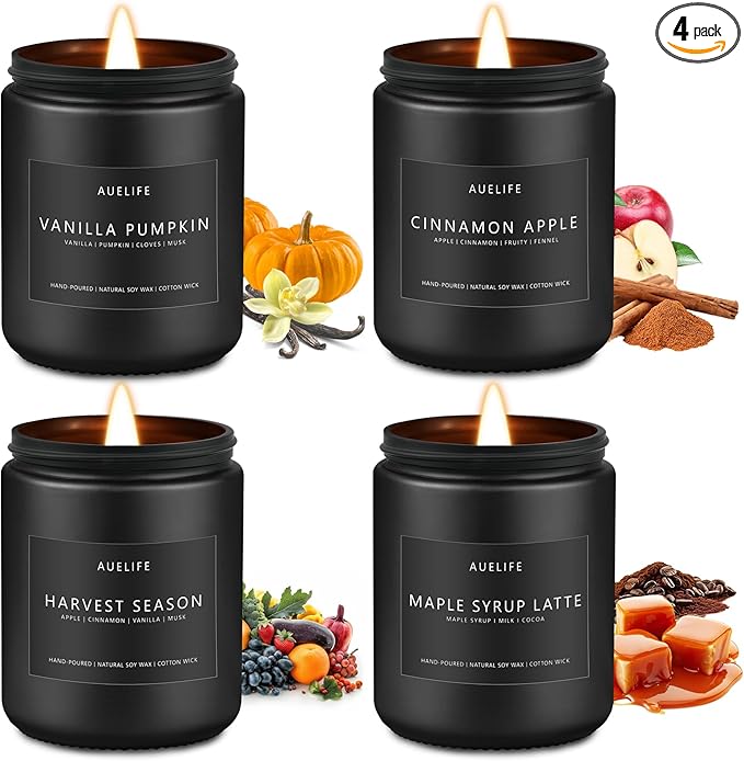 Fall Candles, 4 Pack Soy Candles Set - Autumn Scents of Vanilla Pumpkin, Cinnamon Apple, Harvest Season, Maple Syrup Latte, Aromatherapy Fall Gifts for Men & Women, Thanksgiving Home Decor - Bloomnest