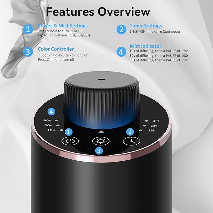 Waterless Essential Oil Diffuser Aromatherapy Scent Diffusers for Home Large Room, Bedroom, Car, Office, Desk, Battery Operated Mini Portable Air Freshener, 3 Countdown Timers & 3 Mist Levels - Bloomnest