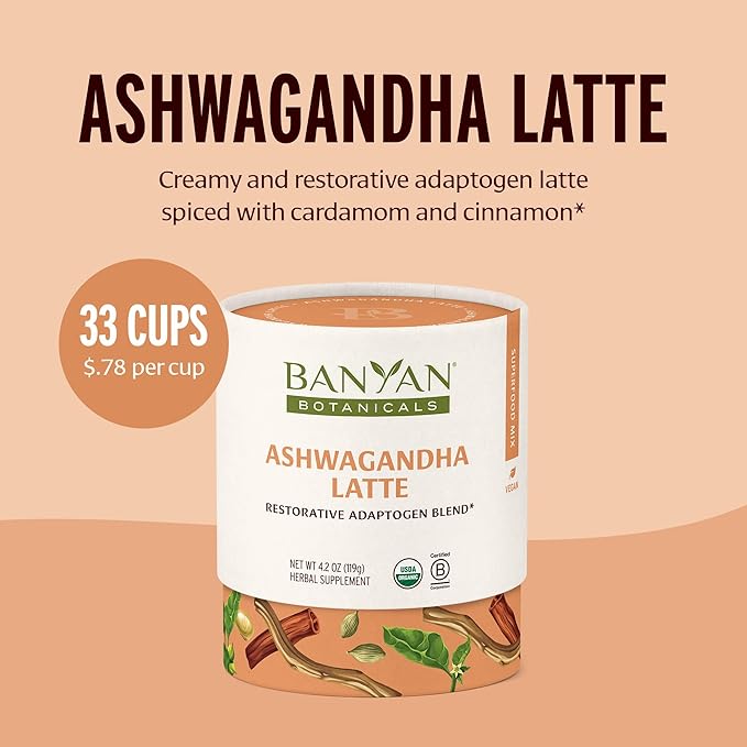 Banyan Botanicals Ashwagandha Latte – Caffeine-Free Organic Herbal Latte Mix – Instant Herbal Adaptogen Drink for Energy, Relaxation, and Nourishment* – 4.2 oz – Non-GMO Sustainably Sourced Vegan - Bloomnest