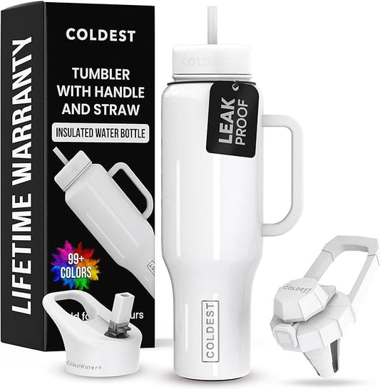 Coldest Tumbler with Handle and Straw, 100% Spill Proof Tumbler with Straw (3 Lids), Stainless Steel Insulated Leakproof Tumblers for Women & Men, Cup Holder Friendly, 46 oz (Snow Reflections) - Bloomnest