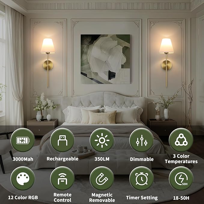 Battery Operated Wall Sconce Set of 2, 15 Colors Wireless Wall Light With Dimmable Remote Control Last 18-50 Hours, Gold Rechargeable Wall Lamp With White Fabric Shade For Living Room Bedroom Hallway - Bloomnest