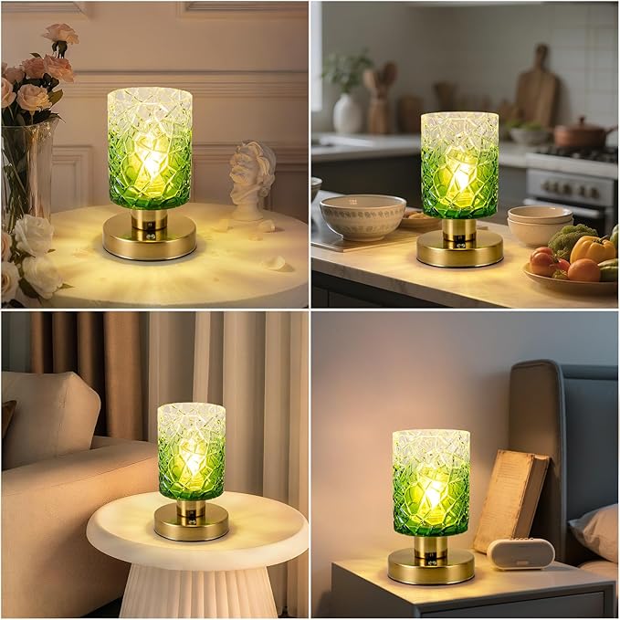 Battery Powered Lamp with Timer, Aesthetic Glass Cordless Lamps, Dimmable Rechargeable Lamp with Remote Control, Small Touch lamp for Nightstand Bedside Bedroom Living Room(Gradient Green) - Bloomnest