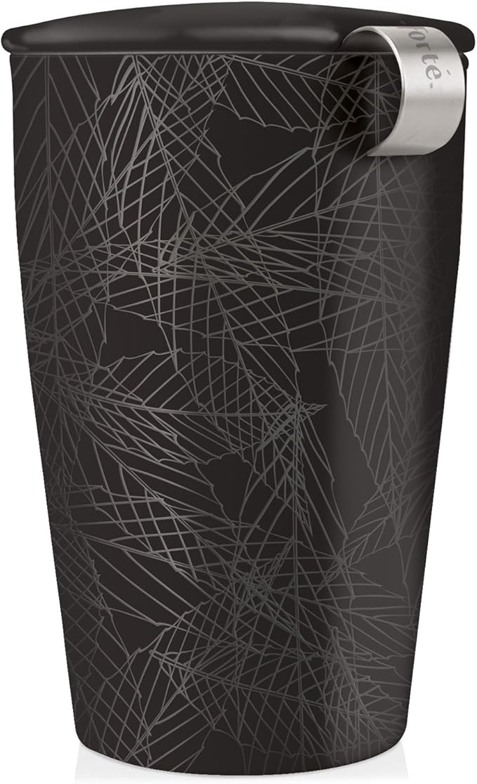 Tea Forte Double-Walled Ceramic Kati Cup, Removable Stainless Steel Infuser Basket and Lid, Steeps 12 oz Loose Leaf Tea, Dishwasher & Microwave Safe, Noir - Bloomnest