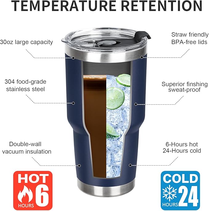 30 oz Tumbler with Lids and Straws Double Wall Vacuum Insulated Tumbler Cup,Stainless Steel Leak-proof Thermal Tumbler Powder Coated Travel Coffee Mug for Cold and Hot Drinks,Navy Blue - Bloomnest