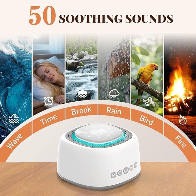Sound Machine,White Noise Sound Machine with 50 Soothing Sounds 9-Color Night Light Memory Function Timer Alarm Clock &11 Volume Levels Portable Noise Machine for Sleeping Baby Kids Adults Travel Home - Bloomnest
