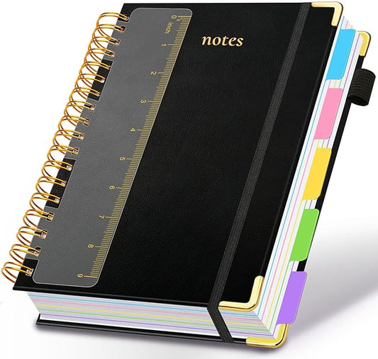 Hardcover Spiral Notebook 8"x10" Journal Notebook with Tabs and Removable Dividers 300 Pages 5 Subject Notebook College Ruled, Faux Leather Spiral Bound Notebook for Women School Work (Black) - Bloomnest