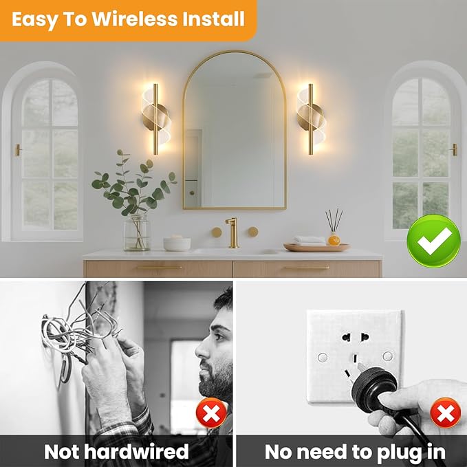 Cordless Wall Sconces Set of 2, Helical Wireless Rechargeable Battery Wall Light with Remote Control Dimmable. Portable Lighting for Wall Painting, Living Room, Bedroom, Night Light. 11.8''Gold - Bloomnest