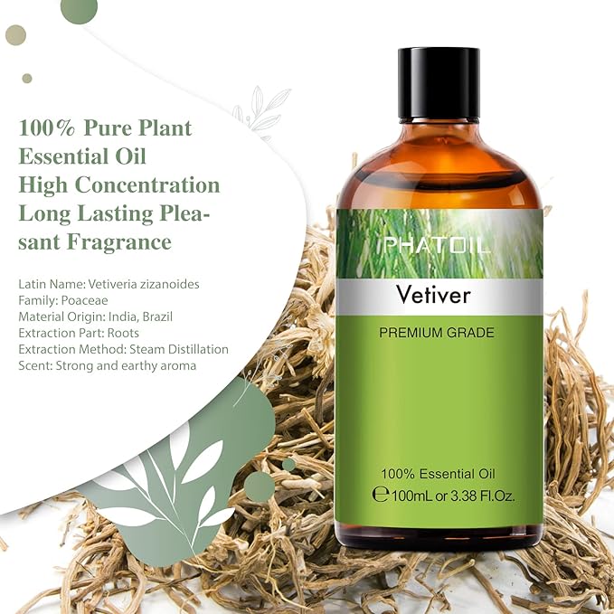 Vetiver 3.38fl.oz Essential Oil, PHATOIL Pure Aromatherapy Oils for Diffuser, Humidifier, Perfect for DIY Soap, Candle, Bath Bombs Making(100ml) PHATOIL