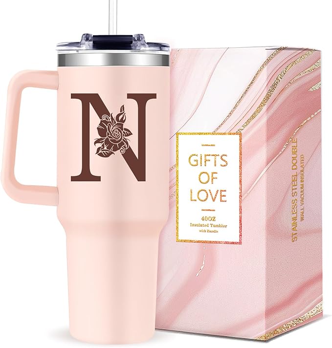 Monogrammed 40oz Tumbler with Handle for Women, Personalized Birthday Gifts for Women,Initial Cups for Woman Pink Letter N,Customized Gifts for Female Lady Gift for Mothers Day Christmas - Bloomnest