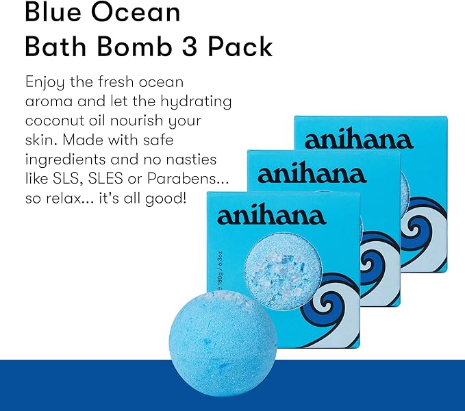 ANIHANA Bath Bombs with Coconut Oil, Paraben Free, Hand-Crafted Luxury Fizzers, Refreshing Blue Ocean Scent, 6.3 oz Each, 3 Pack - Bloomnest