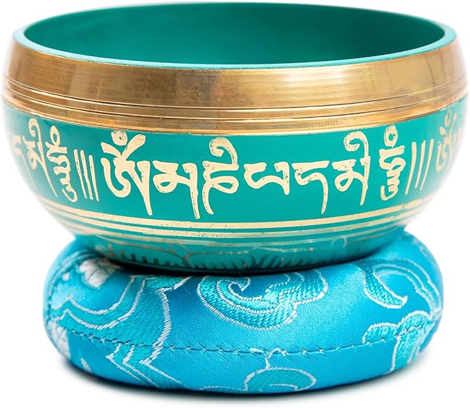 Tibetan Singing Bowl Set Brass - Master Healing Grade - Authentic Handcrafted Sound Bowl by Himalayan Bazaar (Turquoise)