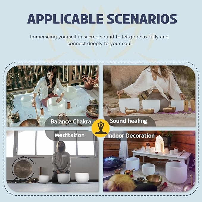440HZ Sound Healing 8''-12'' Set of 3 Crystal Singing Bowls, Frosted Chakra Quartz Crystal Sound Bowl 8'' A Third-Eye, 10'' F Heart, 12'' C Root With Carry Bags and Mallet - Bloomnest