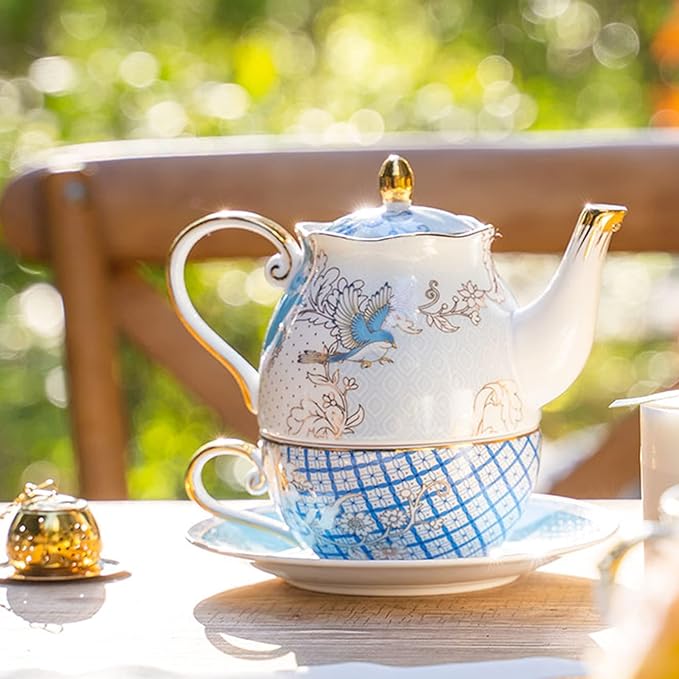 ACMLIFE Tea for One Teapot and Cup, Vintage Floral Porcelain Tea Set for One, Bone China Teapot with Cup Set, Tea Pot Gift for Women (Blue-B) - Bloomnest