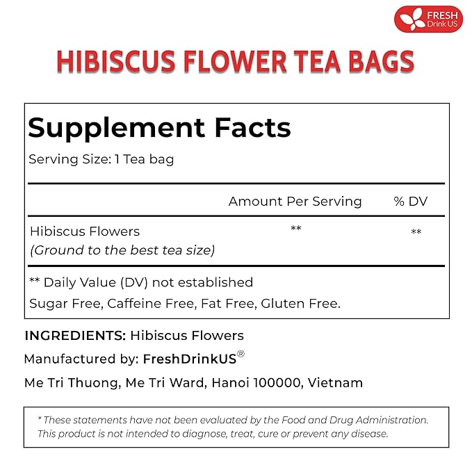 FreshDrinkUS, Premium 60 Hibiscus Flowers Tea Bags, 100% Natural & Pure, Loose Flower Herbal Tea. No Sugar, No Caffeine, No Gluten, Vegan. Great To Drink Hot Or Ice Tea - Bloomnest