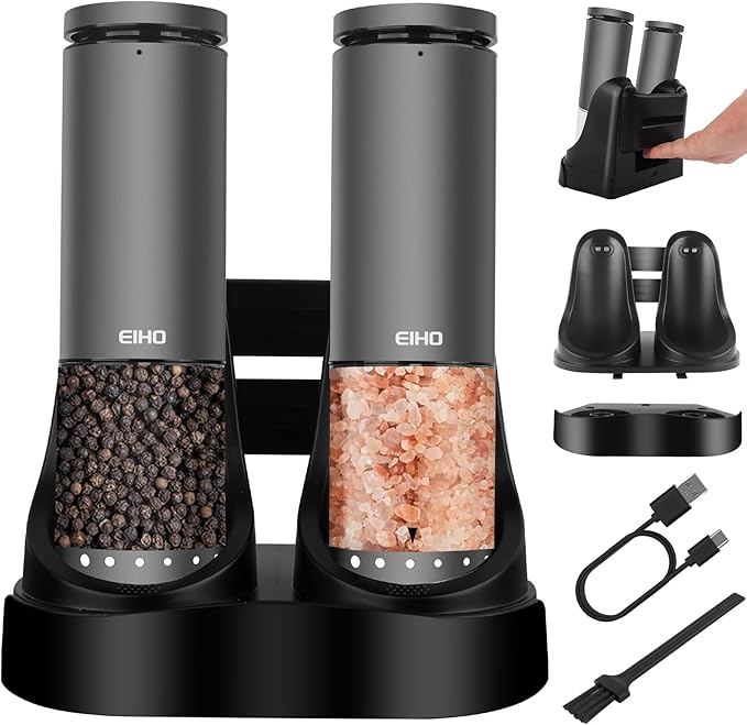 Electric Salt and Pepper Grinder Set Rechargeable, External Adjustable Coarseness, Automatic Salt & Pepper Shakers Mills, Kitchen Gadgets,Stocking Stuffers Christmas Cooking Gifts for Adults Men Women - Bloomnest
